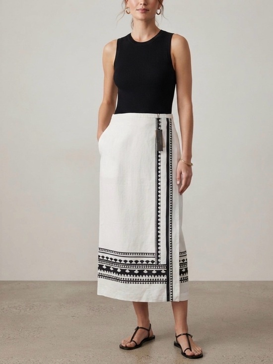 T Tahari Dresses & Skirts - NWT Tahari White Black Geo Pattern Linen Blend Midi Maxi Skirt Size Medium